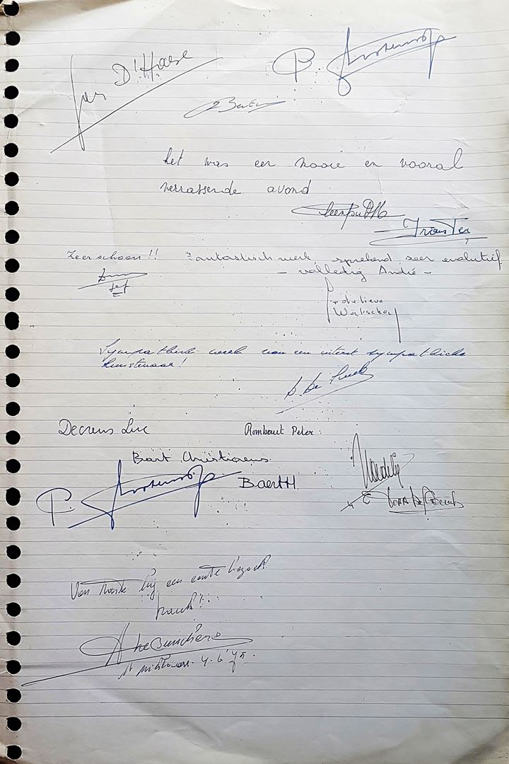 Kunstenaar André Vereecken - Gastenboek van de tentoonstelling Galerie Waumans 1975. Jan D’Haese, Godelieve Walschap, Peter Rombaut, Bart Christiaens, Luc Decreus, Baert Herman.
