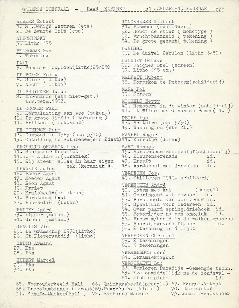 Lijst met deelnemers en de kunstwerken voor de tentoonstelling “Raar Kabinet, van Mali tot Dali” in de Galerij Sienjaal, Sint-Kwintensberg 3 (bij Nederkouter) in Gent van 31 januari tot 15 februari 1976. Met André Vereecken - Robert Aerens - Alechinsky - Guy Belhomme - Dali - Felix De Boeck - Jules De Bruycker - Paul De Cocker - René De Coninck - Lena Degerlid Ohlsson - Jules Dewaele - André Frickx - Vic Gentils - Armand Heins - Marcel Hubert - Gilbert Jonckheere -  Labisse - Octave Landuyt - Hubert Malfait - Pol Mara - Netty Michels - Luc Peire - Roger Raveel - Renaat Saey - Jos Verdegem - Christel Vereecken - José Vermeersch - Luc Verstraete