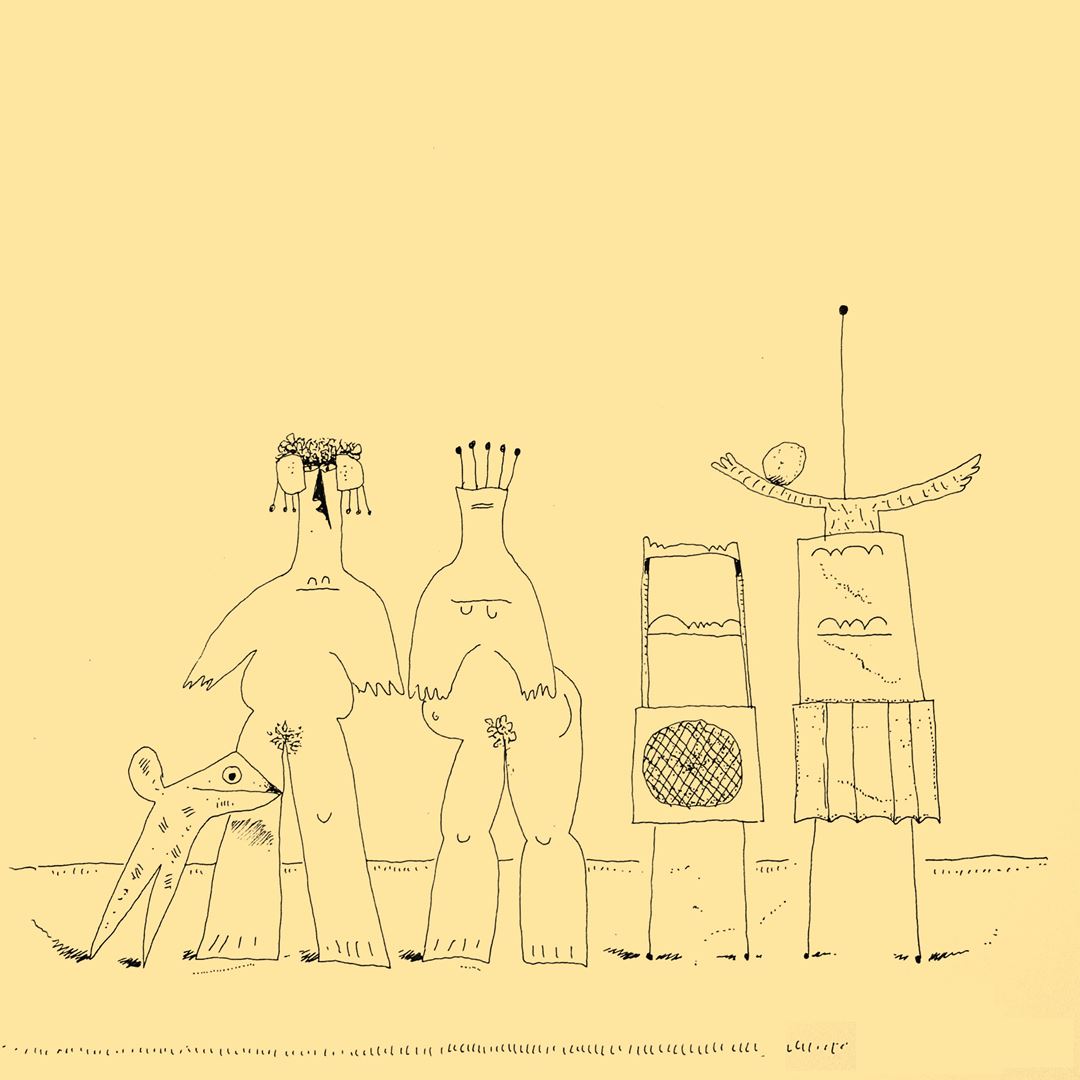 Figuren die 2 stoelen afluisteren. André Vereecken tekening inkt -1994
