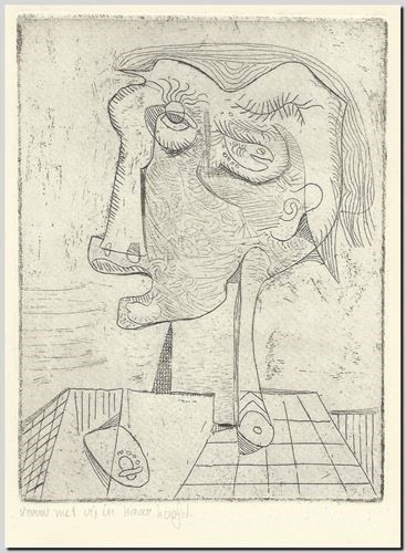 Vrouw Met Vis In Haar Hoofd. Technique de gravure du peintre André Vereecken  1970.
