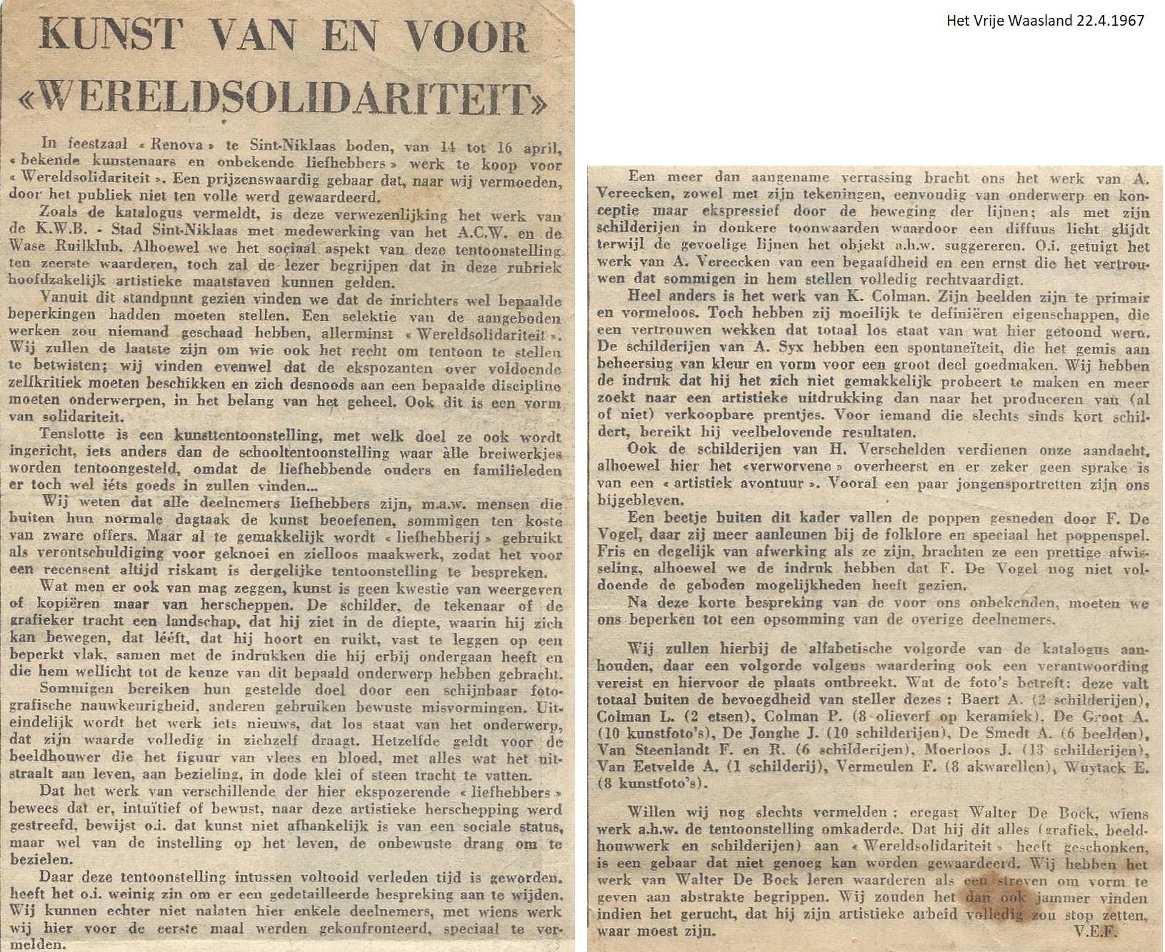 Frans Van Eyck (VEF) schrijft over André Vereecken in de krant Het Vrije Waasland.