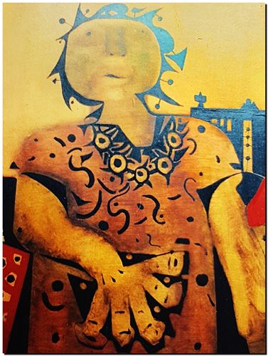 Peinture de l'artiste André Vereecken réalisée en 1972 (environ). Schilderij van kunstenaar André Vereecken gemaakt circa 1972. - 1972 (circa).47 Vrouw in Gesprek (olie op papier )