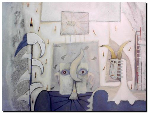 Peinture surrealiste de l’artiste peintre André Vereecken réalisée vers 1980. Surrealistisch schilderij van schilder André Vereecken gemaakt rond 1980. - 1980 (circa).50 - DIAPO