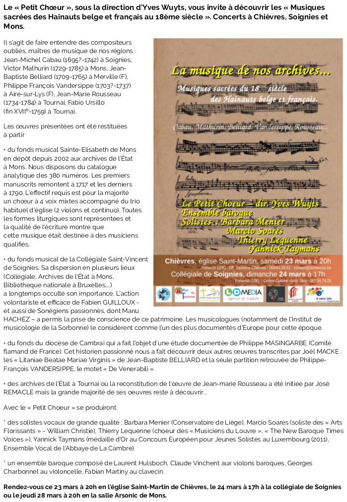 La musique de nos archives - Chièvres, Soignies & Mons - 23, 24 & 28/03/2019