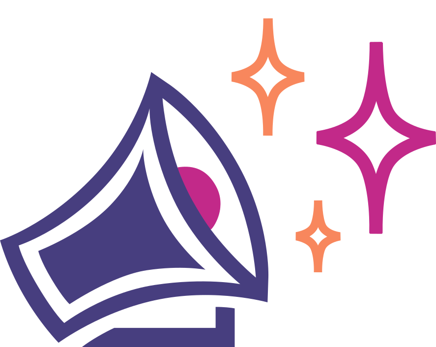 Logo de Camille F créations, représentant un mégaphone stylisé bleu qui lance des étoiles oranges et jaunes.