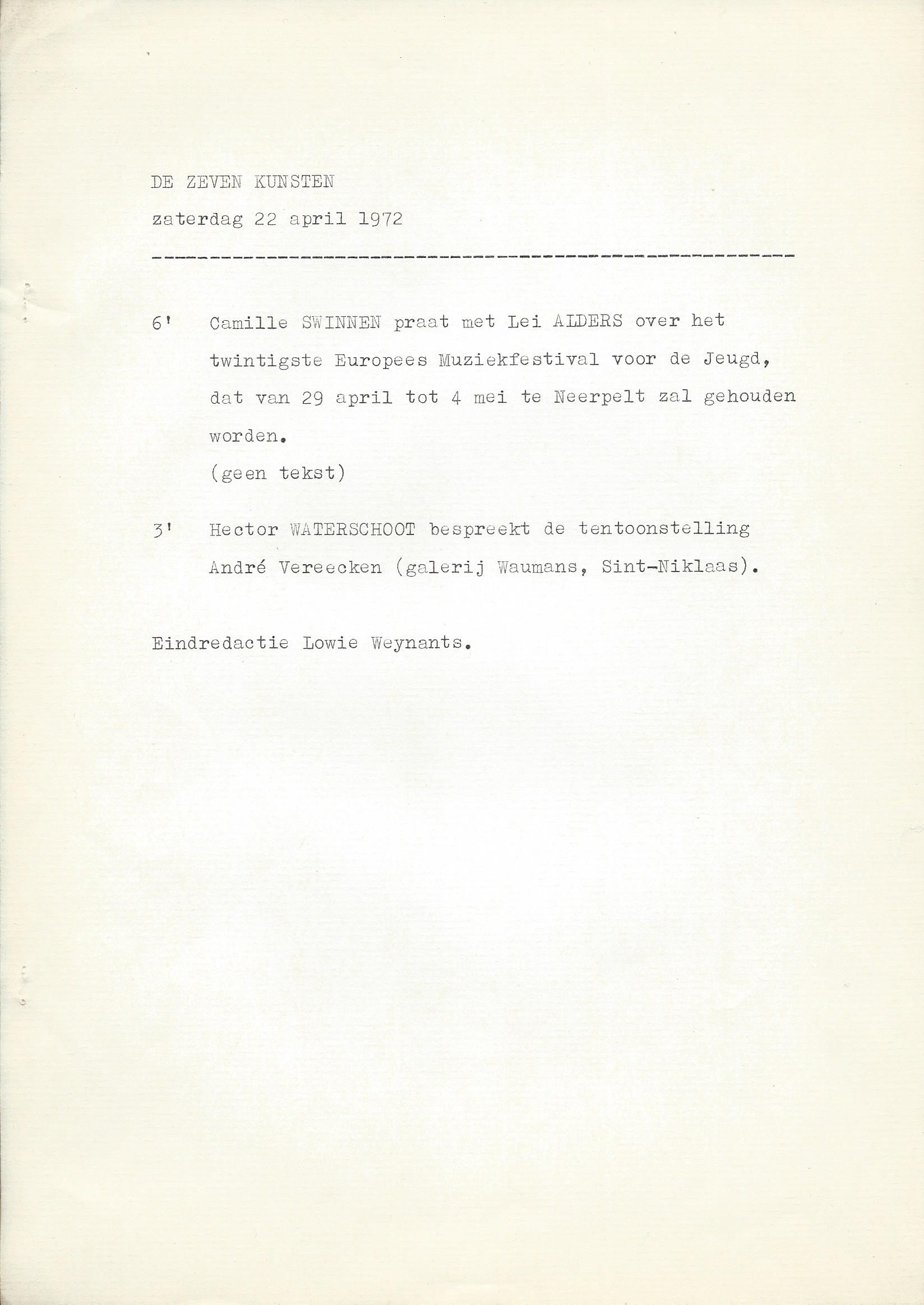 BRT radioprogramma De Zeven Kunsten met Hector Waterschoot - pagina 1